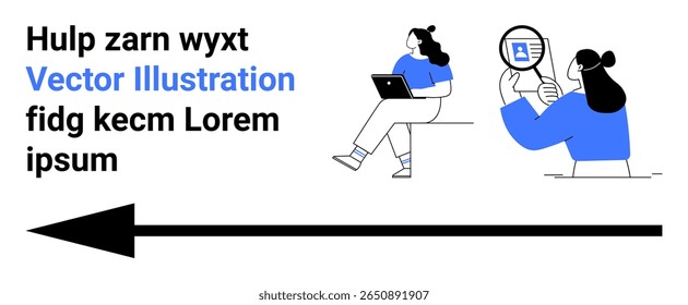 Two people, one with a laptop and another with a magnifying glass. Large black arrow pointing left. Ideal for business, technology, teamwork, research, navigation, direction, modern design. Landing