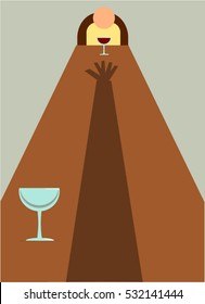 Two people, one unseen, sit at opposite ends of a long table. The person in foreground has an empty wine glass and his/her shadow is reaching predatorially towards the full glass of the other person.