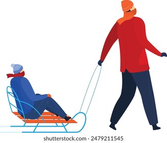 Two people, one wearing red, blue winter clothes pulling sled. Isolated white background, scarf hat, winter activity. Outdoor fun, cold season sport, snow sledding. Two figures, one adult, child