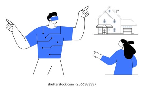 Two people, one wearing a VR headset, point toward a modern house. Ideal for technology, smart homes, virtual reality, family interaction, and futuristic innovations. Minimalist line art style