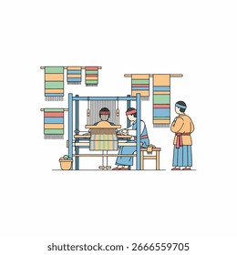 Two people operating a loom, creating colorful striped textiles.