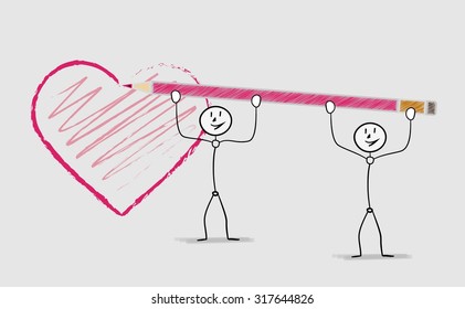 two people paint one large heart, crosshatched image
