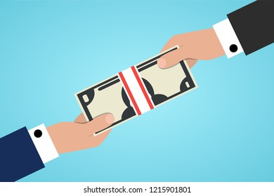 Two people passing a stack of cash money from hand to hand, financial bills. Concept of financial operations with cash, investments and savings, deposits, money turnover, funding, bribe, donation. 