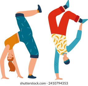 Two people performing handstands, one wearing blue pants and another in banana-pattern leggings. Cheerful couple practicing acrobatics or gymnastics together. Playful adults in casual sportswear