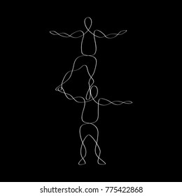 Two people performing standing on hand gymnastics line art
