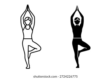Dos personas que realizan la pose del árbol del yoga en el ejercicio blanco y negro de la línea