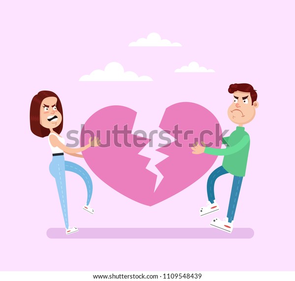 Two people person man and woman husband wife\
boyfriend girlfriend pull heart and broken. Divorce relationship\
love romance end over separation concept. Vector flat cartoon\
graphic design isolated