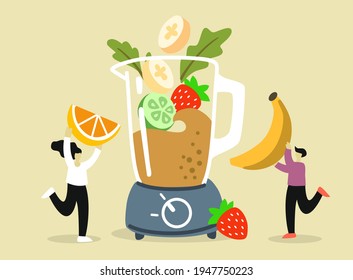 Two people pick fruits and berries for juice or smoothies into mixer or blender. Summer beverages with tiny man and woman cartoon 