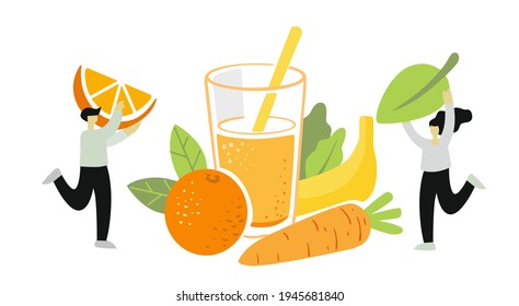 Two people pick fruits and green leaf for juice or smoothies. Summer beverages with tiny man and woman cartoon 