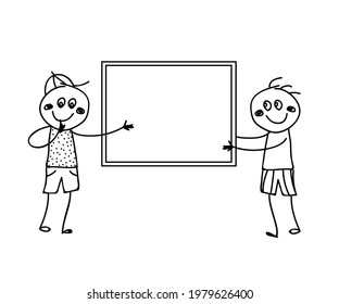 Dos personas y un lugar para el texto sobre un fondo blanco. Esbozo. Ilustración vectorial.