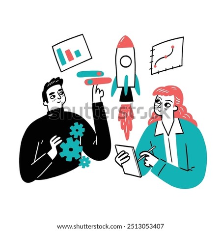 Two people planning a project with charts and a rocket illustration, symbolizing progress and innovation. One holds a notepad, the other gears.