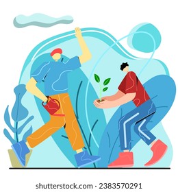 dos personas plantan Árboles ilustración vectorial plana coloreada a mano abstracta