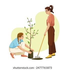 Two people planting a tree, one holding a sapling and the other with a shovel. Vector illustration, on a white background. Concept of gardening and environment. Vector illustration