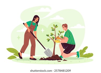 Two people planting a tree together outdoors, one digging with a shovel and the other stabilizing the sapling. Flat style, on a green background. Concept of teamwork. Vector illustration.