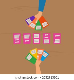 Two people play a board card game at a wooden table, top view. Flat vector illustration.