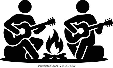 Two people playing acoustic guitars around a warm campfire silhouette