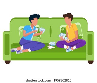 Two people are playing cards. Play games of chance with your friends. House, sofa. A funny concept. Vector. Bright illustration in a flat style.