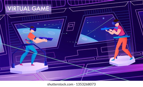 Two people playing game in virtual reality glasses horizontal cartoon vector illustration