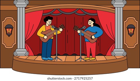 Two people playing guitars and singing on stage