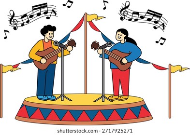 Two people playing guitars and singing on a stage 