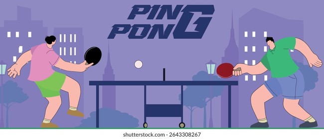 Two people playing table tennis outdoors, hobby, active lifestyle. Ping pong, sport, competition in racket game
