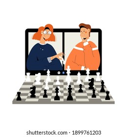 Two people plays chess online. Man and woman competing in chess from their laptop. Distant leisure activity concept vector illustration. Chess tournament at online chess club