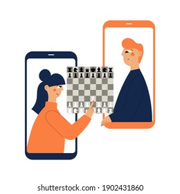 Two people plays chess online. Man and woman competing in chess from their smartphones. Distant leisure activity concept vector illustration. Chess tournament at online chess club