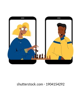 Two people plays chess online. Man and woman competing in chess from their smartphones. Distant leisure activity concept vector illustration. Chess tournament at online chess club