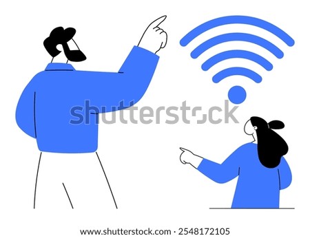 Two people point at a large wireless symbol, emphasizing digital communication and internet access. Ideal for themes such as technology, connectivity, networking, internet services