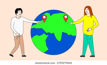 Dos personas señalando el mundo y diciendo una ubicación a otras personas. El globo es el centro de la Imagen