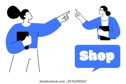 Two people are pointing towards a speech bubble with the word Shop. One holds a tablet, both wear glasses. Simple modern graphic style. Ideal for e-commerce, marketing, promotions, online shopping