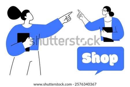 Two people are pointing towards a speech bubble with the word Shop. One holds a tablet, both wear glasses. Simple modern graphic style. Ideal for e-commerce, marketing, promotions, online shopping