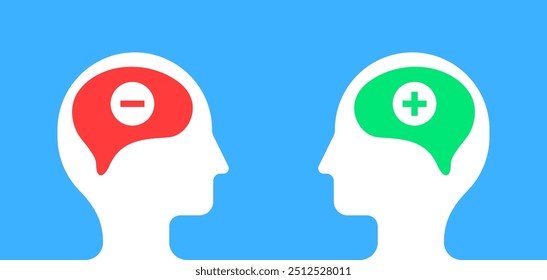 Dos personas con pensamientos positivos y negativos o ilustración de concepto cerebral Concepto de positividad o negatividad Arte o ilustración Anuncio neurológico o fondo Salud mental o concepto de terapia