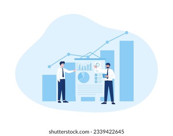 Two people are presenting with business growth analyst data trending concept flat illustration