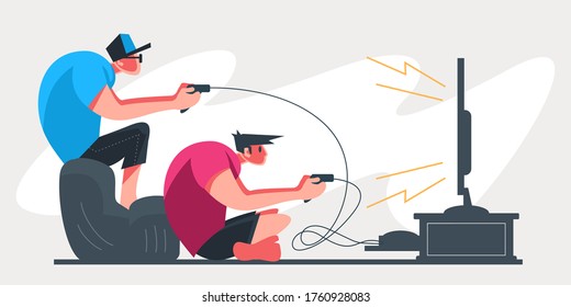 Two people professional gamers holding pad controller playing video game at tv screen. E-sports player, pro gamers concept. Header or footer banner template. Scalable and editable vector illustration.