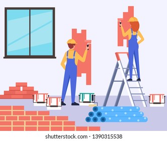 Two people professional workers characters painting walls. Home room house preparing concept. Vector design flat graphic cartoon illustration