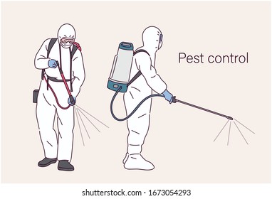 Two people in protective clothing are carrying disinfectant bottles on their backs and spraying them on the floor. hand drawn style vector design illustrations. 