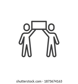 Dos personas protestan con un ícono de la línea de afiches. signo de estilo lineal para concepto móvil y diseño web. Personas con icono de vector de contorno de rótulo elevado. Símbolo, ilustración del logotipo. Gráficos vectoriales