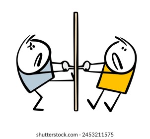 Two people pull the door handle from different sides and cannot open it. Vector illustration of misunderstanding in communication, psychological difficulties. Isolated persons on white backdrop.