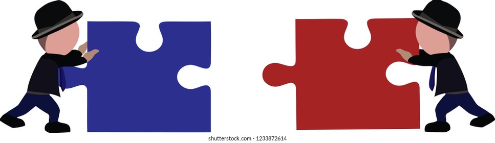 two people push puzzle pieces to make them fit together