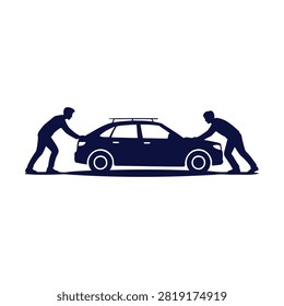 Two people pushing a dark blue car silhouette on a white background isolated