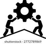 Two people pushing large gear together as teamwork symbol