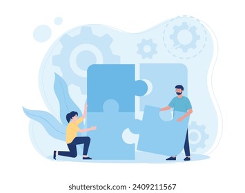 two people put puzzle pieces together trending concept flat illustration