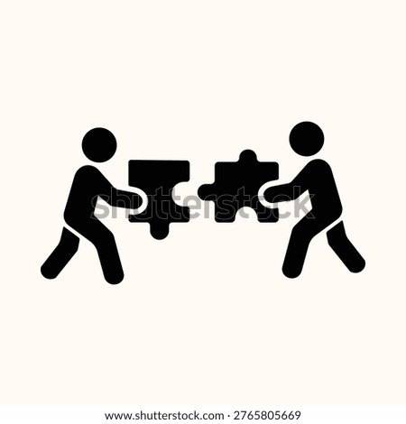Two people with puzzle, problem solving, teamwork solution.
