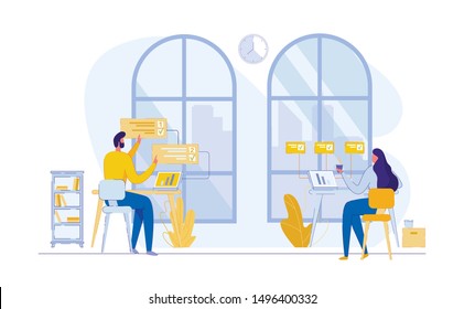 Two People, In Quiet Environment Are Engaged In Daily Office Affairs. Illustration Of Workflow. Animated Cartoon Characters. Job Satisfaction, Concentration, Workspace, Office Applications.