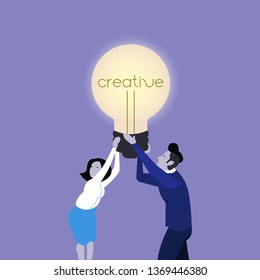Two people raise a light bulb with an inscription creative.Working together creating something creative. Conceptual illustration - Vector