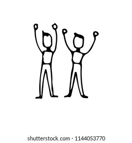 Two people raised hands up and triumph hand drawn doodle line art vector sketch icon illustration on white background