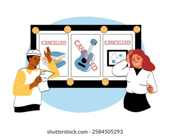 Two people react to cancellation notices for events like music, books, and digital activities on a public bulletin board, expressing concern