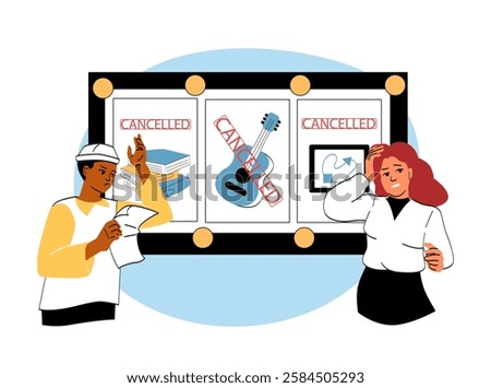 Two people react to cancellation notices for events like music, books, and digital activities on a public bulletin board, expressing concern