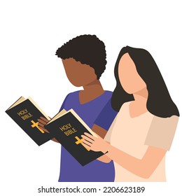 Two people reading a Bible. Two human read a book. African man reading and European woman read 